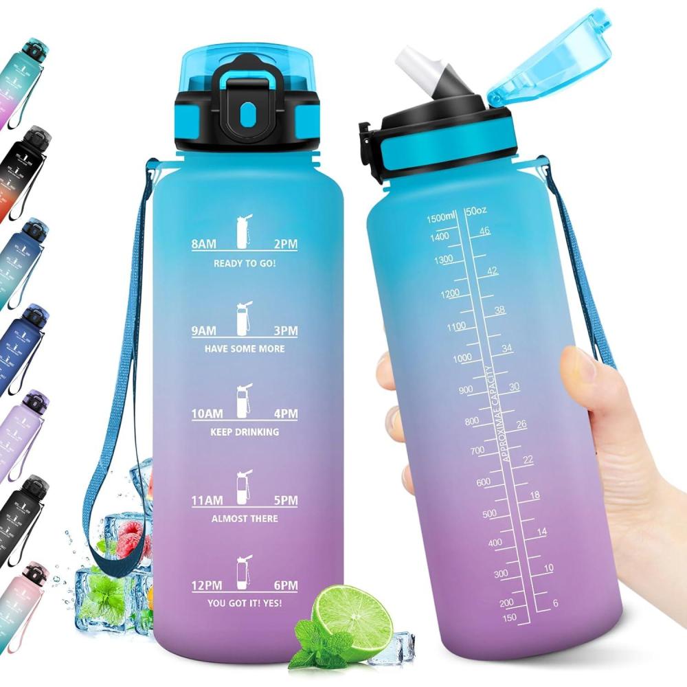 imageGourde Sport 1L Bouteille Rutilisable Gourde avec Paille et Marqueur de Temps Gourde sans BPA Bouteille Sport tanche Bouteille deau pour Sport Bureau Fitness Randonne Yoga Camping50oz1500ml Paille Bleu Violet
