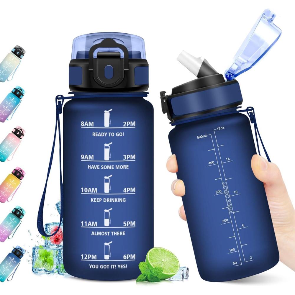 imageGourde Sport 1L Bouteille Rutilisable Gourde avec Paille et Marqueur de Temps Gourde sans BPA Bouteille Sport tanche Bouteille deau pour Sport Bureau Fitness Randonne Yoga Camping17oz500ml Paille Mat Bleu