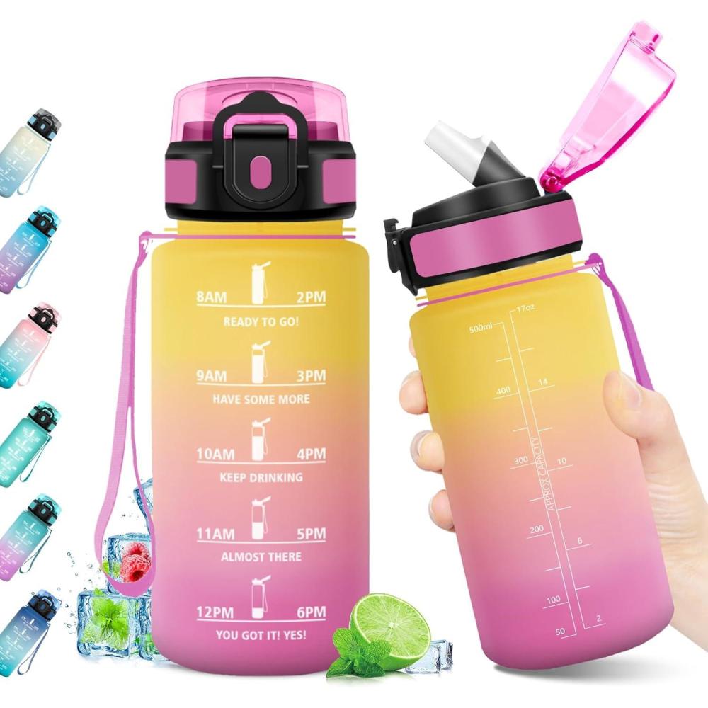 imageGourde Sport 1L Bouteille Rutilisable Gourde avec Paille et Marqueur de Temps Gourde sans BPA Bouteille Sport tanche Bouteille deau pour Sport Bureau Fitness Randonne Yoga Camping17oz500ml Paille Jaune Rose