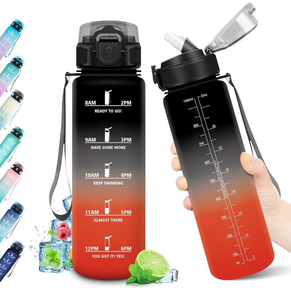 imageGourde Sport 1L Bouteille Rutilisable Gourde avec Paille et Marqueur de Temps Gourde sans BPA Bouteille Sport tanche Bouteille deau pour Sport Bureau Fitness Randonne Yoga Camping32oz1000ml Paille Noir Rouge