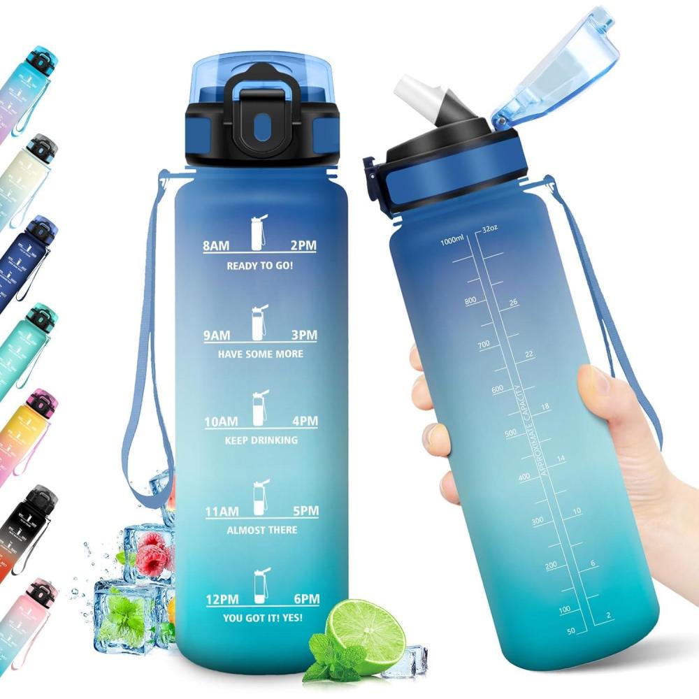 imageGourde Sport 1L Bouteille Rutilisable Gourde avec Paille et Marqueur de Temps Gourde sans BPA Bouteille Sport tanche Bouteille deau pour Sport Bureau Fitness Randonne Yoga Camping32oz1000ml Paille Bleu Vert