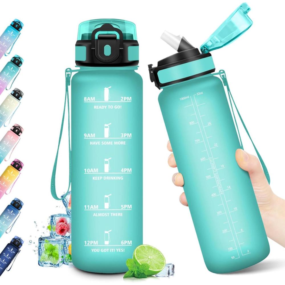 imageGourde Sport 1L Bouteille Rutilisable Gourde avec Paille et Marqueur de Temps Gourde sans BPA Bouteille Sport tanche Bouteille deau pour Sport Bureau Fitness Randonne Yoga Camping32oz1000ml Paille Mat Bleuvert