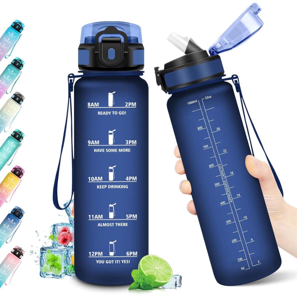 imageGourde Sport 1L Bouteille Rutilisable Gourde avec Paille et Marqueur de Temps Gourde sans BPA Bouteille Sport tanche Bouteille deau pour Sport Bureau Fitness Randonne Yoga Camping32oz1000ml Paille Mat Bleu