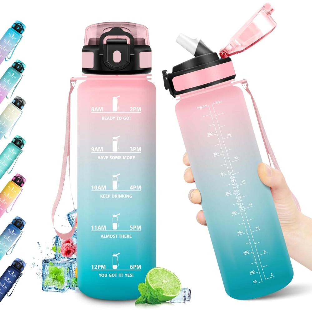 imageGourde Sport 1L Bouteille Rutilisable Gourde avec Paille et Marqueur de Temps Gourde sans BPA Bouteille Sport tanche Bouteille deau pour Sport Bureau Fitness Randonne Yoga Camping32oz1000ml Paille Rose Cyan