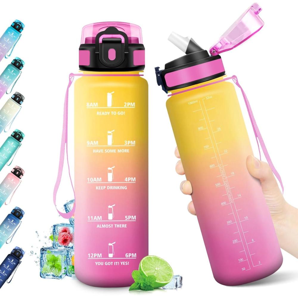 imageGourde Sport 1L Bouteille Rutilisable Gourde avec Paille et Marqueur de Temps Gourde sans BPA Bouteille Sport tanche Bouteille deau pour Sport Bureau Fitness Randonne Yoga Camping32oz1000ml Paille Jaune Rose