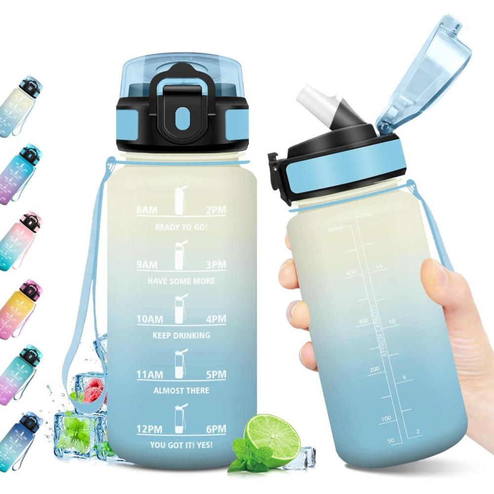 imageGourde Sport 1L Bouteille Rutilisable Gourde avec Paille et Marqueur de Temps Gourde sans BPA Bouteille Sport tanche Bouteille deau pour Sport Bureau Fitness Randonne Yoga Camping17oz500ml Paille Blanc Bleu Clair