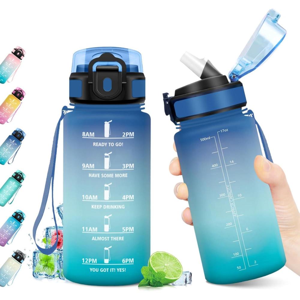 imageGourde Sport 1L Bouteille Rutilisable Gourde avec Paille et Marqueur de Temps Gourde sans BPA Bouteille Sport tanche Bouteille deau pour Sport Bureau Fitness Randonne Yoga Camping17oz500ml  Paille  Bleu  Vert