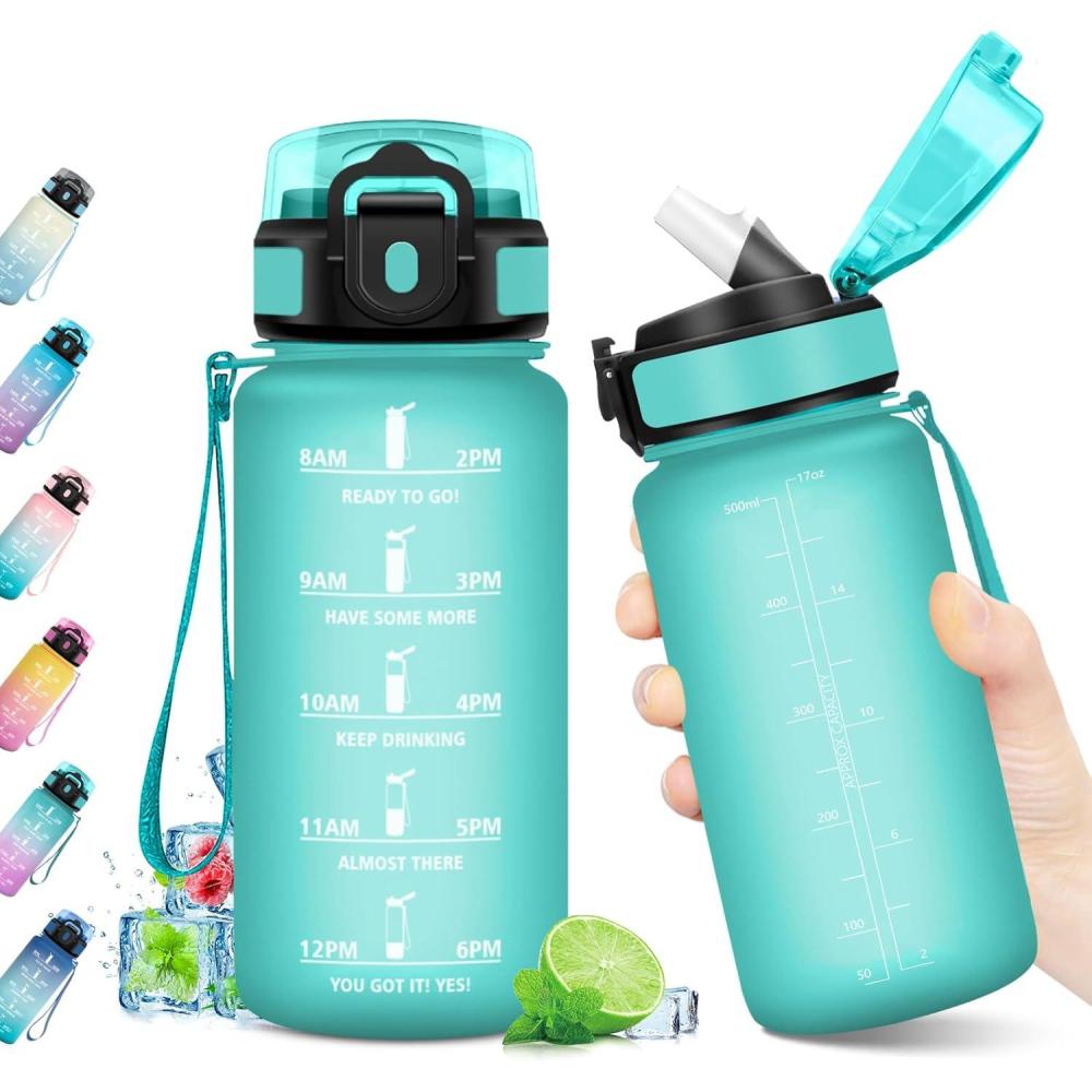 imageGourde Sport 1L Bouteille Rutilisable Gourde avec Paille et Marqueur de Temps Gourde sans BPA Bouteille Sport tanche Bouteille deau pour Sport Bureau Fitness Randonne Yoga Camping17oz500ml Paille Mat Bleuvert