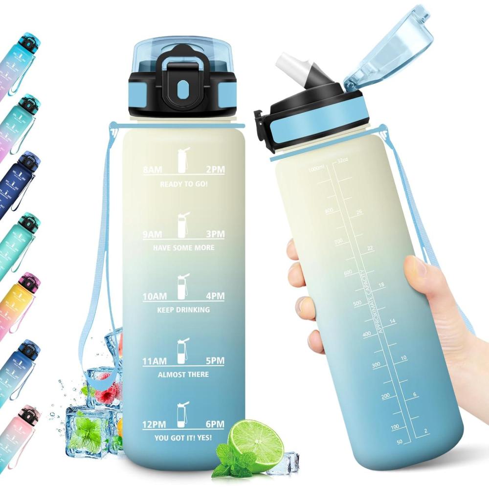 imageGourde Sport 1L Bouteille Rutilisable Gourde avec Paille et Marqueur de Temps Gourde sans BPA Bouteille Sport tanche Bouteille deau pour Sport Bureau Fitness Randonne Yoga Camping32oz1000ml Paille Blanc Bleu Clair
