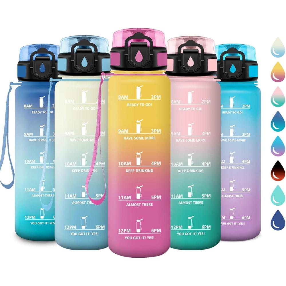 imageGourde Sport 1L Gourde avec Filtre sans BPA Bouteille deau de Motivation avec Marqueur de Temps tanche et Rutilisable Bouteille Rutilisable pour lcole Sport Bureau Yoga Camping32oz1000ml  Jaune  Rose