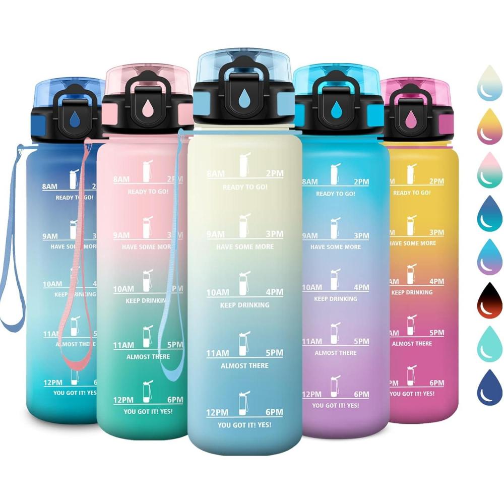 imageGourde Sport 1L Gourde avec Filtre sans BPA Bouteille deau de Motivation avec Marqueur de Temps tanche et Rutilisable Bouteille Rutilisable pour lcole Sport Bureau Yoga Camping32oz1000ml  Blanc  Bleu Clair