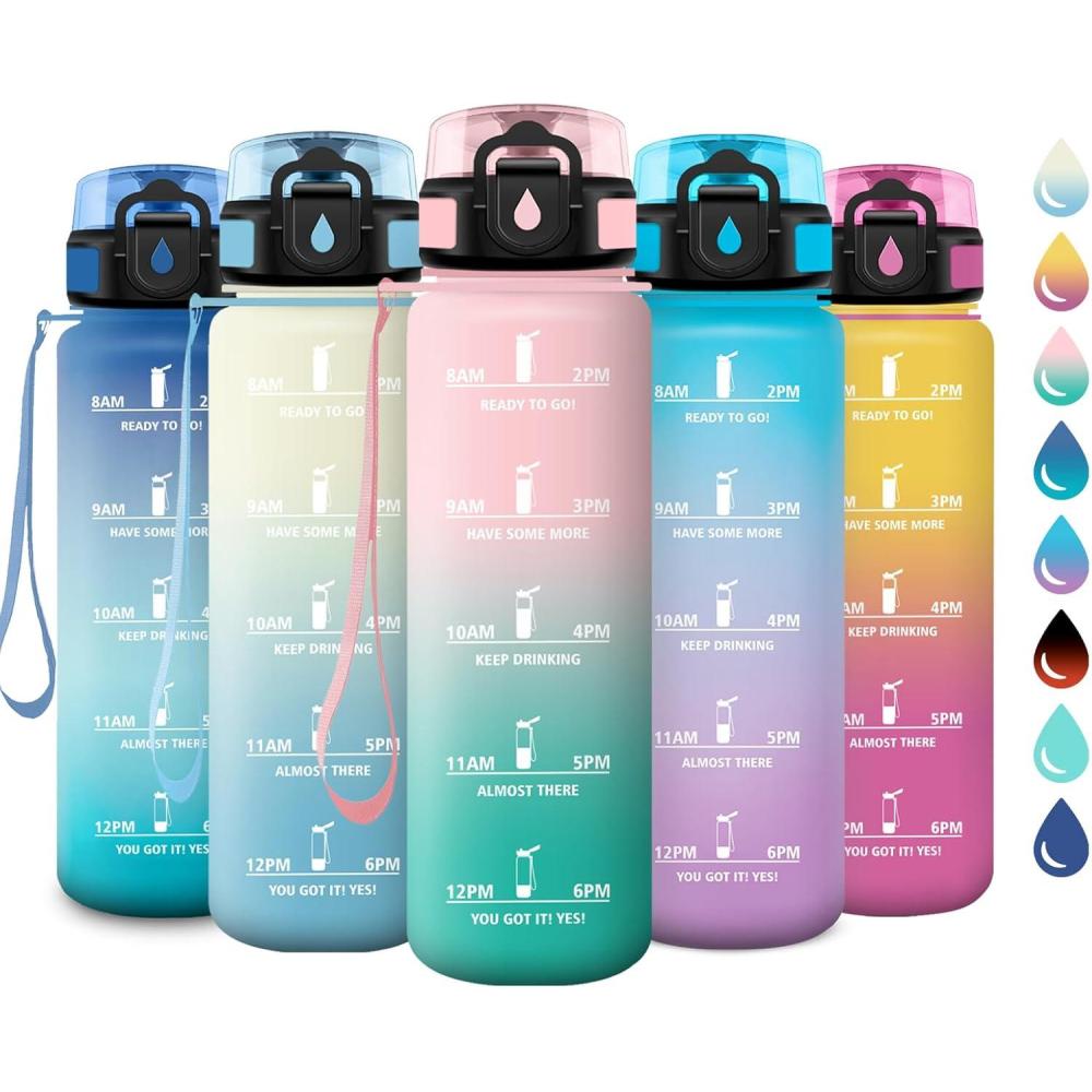 imageGourde Sport 1L Gourde avec Filtre sans BPA Bouteille deau de Motivation avec Marqueur de Temps tanche et Rutilisable Bouteille Rutilisable pour lcole Sport Bureau Yoga Camping32oz1000ml Rose Cyan