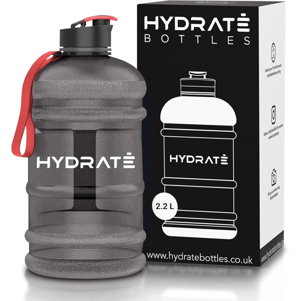imageHYDRATE XL Bouteille deau 22 L  Bouteille de Gym Avec Sangles de Transport  Gourde Fitness  Sans BPA Popup Bouchon  pour le Sport le Yoga et les Activits de Plein Air Matte CamoNoir Transparent