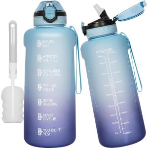 2l / 2 litres Tritan Sport Gourde Graduée avec Paille et Marqueur de Temps de Motivation, 2000ml Grande Bouteille sans BPA eau pour Fitness, Gym, Randonnée,Voyage(Dégradé Bleu / Violet Foncé)