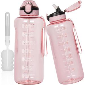 2l / 2 litres Tritan Sport Gourde Graduée avec Paille et Marqueur de Temps de Motivation, 2000ml Grande Bouteille sans BPA eau pour Fitness, Gym, Randonnée,Voyage(Transparent Rose)