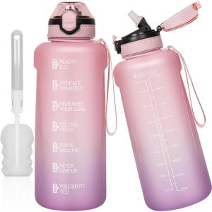 2l / 2 litres Tritan Sport Gourde Graduée avec Paille et Marqueur de Temps de Motivation, 2000ml Grande Bouteille sans BPA eau pour Fitness, Gym, Randonnée,Voyage(Dégradé Rose / Violet)