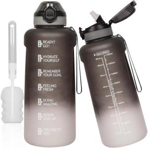 2l / 2 litres Tritan Sport Gourde Graduée avec Paille et Marqueur de Temps de Motivation, 2000ml Grande Bouteille sans BPA eau pour Fitness, Gym, Randonnée,Voyage(Dégradé Noir / Blanc)