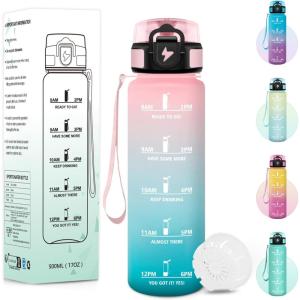 Gourde, 1000ML Sans BPA, Gourde Motivation, Avec Horodatage, Bouteille Anti Fuite, Conception de Verrouillage Anti-Fuite, Bouteille plastique pour Yoga, Aptitude – Bleu marine(Rose&cyan-500ml)