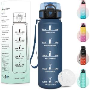 Gourde, 1000ML Sans BPA, Gourde Motivation, Avec Horodatage, Bouteille Anti Fuite, Conception de Verrouillage Anti-Fuite, Bouteille plastique pour Yoga, Aptitude – Bleu marine(Bleu Marine-1000ml)