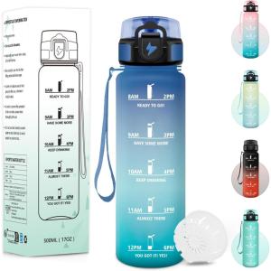 Gourde, 1000ML Sans BPA, Gourde Motivation, Avec Horodatage, Bouteille Anti Fuite, Conception de Verrouillage Anti-Fuite, Bouteille plastique pour Yoga, Aptitude – Bleu marine(Bleu&vert-500ml)