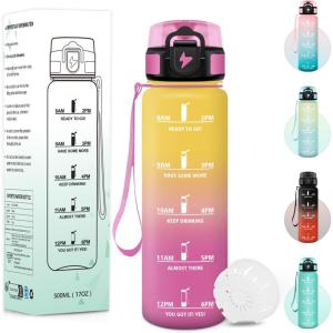 Gourde, 1000ML Sans BPA, Gourde Motivation, Avec Horodatage, Bouteille Anti Fuite, Conception de Verrouillage Anti-Fuite, Bouteille plastique pour Yoga, Aptitude – Bleu marine(Jaune&rose-500ml)