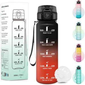 Gourde, 1000ML Sans BPA, Gourde Motivation, Avec Horodatage, Bouteille Anti Fuite, Conception de Verrouillage Anti-Fuite, Bouteille plastique pour Yoga, Aptitude – Bleu marine(Noir&rouge-500ml)