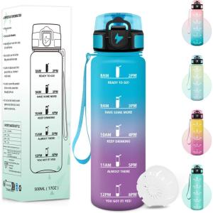 Gourde, 1000ML Sans BPA, Gourde Motivation, Avec Horodatage, Bouteille Anti Fuite, Conception de Verrouillage Anti-Fuite, Bouteille plastique pour Yoga, Aptitude – Bleu marine(Bleu&violet-500ml)