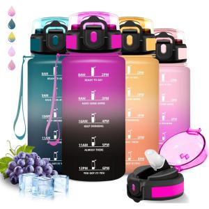 Gourde 1,5l, Gourde Sport, Anti Fuite, Bouteille Graduée pour 1 Journee, Facile à Nettoyer, Bouteille Graduée, avec Verrou de Sécurité, avec Slogan de Motivation, pour Sports, Camping, Randonnée(Violet-noir)