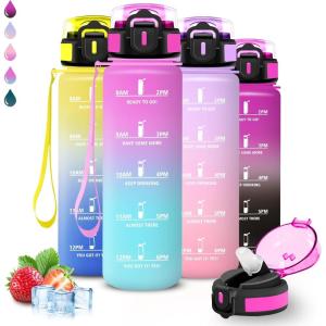 Gourde 1,5l, Gourde Sport, Anti Fuite, Bouteille Graduée pour 1 Journee, Facile à Nettoyer, Bouteille Graduée, avec Verrou de Sécurité, avec Slogan de Motivation, pour Sports, Camping, Randonnée(Rouge-vert)
