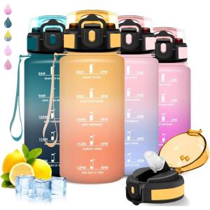 Gourde 1,5l, Gourde Sport, Anti Fuite, Bouteille Graduée pour 1 Journee, Facile à Nettoyer, Bouteille Graduée, avec Verrou de Sécurité, avec Slogan de Motivation, pour Sports, Camping, Randonnée(Jaune-orange)
