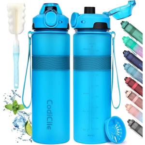 Gourde 1l, sans BPA Bouteille d&rsquo;eau plastique, grande étanche gourde sport 1 litre idéale pour Gym, School, Office and Travel (Bleu foncé clair)(Bleu)