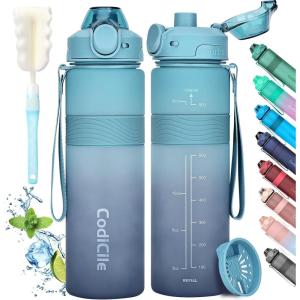 Gourde 1l, sans BPA Bouteille d&rsquo;eau plastique, grande étanche gourde sport 1 litre idéale pour Gym, School, Office and Travel (Bleu foncé clair)(Bleu Foncé Clair)