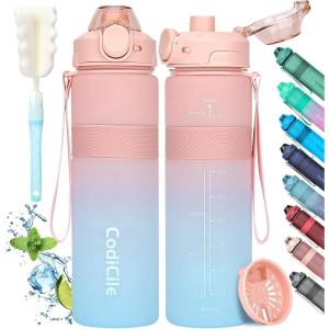 Gourde 1l, sans BPA Bouteille d&rsquo;eau plastique, grande étanche gourde sport 1 litre idéale pour Gym, School, Office and Travel (Bleu foncé clair)(Rose Bleu)