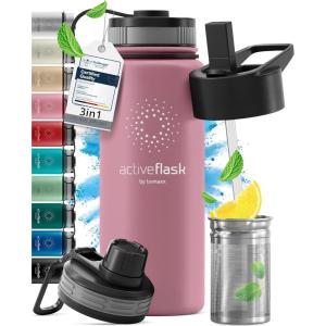 Gourde Inox Isotherme ACTIVE FLASK 1l/500ml sans BPA + Paille (3 Bouchons) | Bouteille d’eau Acier Inoxydable Isolée, Thermos Réutilisable | Camping Velo Sport Running Randonnée Enfant, Café The(Dusky Pink)