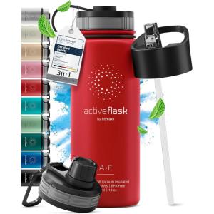 Gourde Inox Isotherme ACTIVE FLASK 1l/500ml sans BPA + Paille (3 Bouchons) | Bouteille d’eau Acier Inoxydable Isolée, Thermos Réutilisable | Camping Velo Sport Running Randonnée Enfant, Café The(Wild Red)