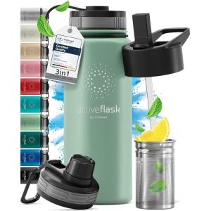 Gourde Inox Isotherme ACTIVE FLASK 1l/500ml sans BPA + Paille (3 Bouchons) | Bouteille d’eau Acier Inoxydable Isolée, Thermos Réutilisable | Camping Velo Sport Running Randonnée Enfant, Café The(Sage)