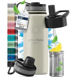 Gourde Inox Isotherme ACTIVE FLASK 1l/500ml sans BPA + Paille (3 Bouchons) | Bouteille d’eau Acier Inoxydable Isolée, Thermos Réutilisable | Camping Velo Sport Running Randonnée Enfant, Café The(Cream White)