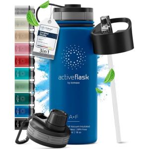 Gourde Inox Isotherme ACTIVE FLASK 1l/500ml sans BPA + Paille (3 Bouchons) | Bouteille d’eau Acier Inoxydable Isolée, Thermos Réutilisable | Camping Velo Sport Running Randonnée Enfant, Café The(Marine Blue)