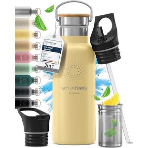 Gourde Inox Isotherme ACTIVE FLASK 1l/500ml sans BPA + Paille (3 Bouchons) | Bouteille d’eau Acier Inoxydable Isolée, Thermos Réutilisable | Camping Velo Sport Running Randonnée Enfant, Café The(Popcorn Bamboo)