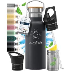 Gourde Inox Isotherme ACTIVE FLASK 1l/500ml sans BPA + Paille (3 Bouchons) | Bouteille d’eau Acier Inoxydable Isolée, Thermos Réutilisable | Camping Velo Sport Running Randonnée Enfant, Café The(Cool Grey Bamboo)