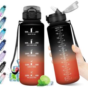 Gourde Sport 1L, Bouteille Réutilisable, Gourde avec Paille et Marqueur de Temps, Gourde sans BPA, Bouteille Sport Étanche, Bouteille d&rsquo;eau pour Sport, Bureau, Fitness, Randonnée, Yoga, Camping(50oz-1500ml | Paille | Noir + Rouge)
