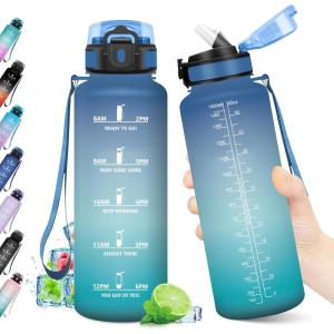 Gourde Sport 1L, Bouteille Réutilisable, Gourde avec Paille et Marqueur de Temps, Gourde sans BPA, Bouteille Sport Étanche, Bouteille d&rsquo;eau pour Sport, Bureau, Fitness, Randonnée, Yoga, Camping(50oz-1500ml | Paille | Bleu + Vert)