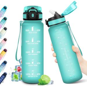 Gourde Sport 1L, Bouteille Réutilisable, Gourde avec Paille et Marqueur de Temps, Gourde sans BPA, Bouteille Sport Étanche, Bouteille d&rsquo;eau pour Sport, Bureau, Fitness, Randonnée, Yoga, Camping(32oz-1000ml | Paille | Mat Bleu-vert)