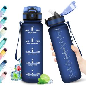 Gourde Sport 1L, Bouteille Réutilisable, Gourde avec Paille et Marqueur de Temps, Gourde sans BPA, Bouteille Sport Étanche, Bouteille d&rsquo;eau pour Sport, Bureau, Fitness, Randonnée, Yoga, Camping(32oz-1000ml | Paille | Mat Bleu)