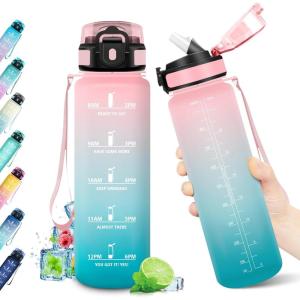 Gourde Sport 1L, Bouteille Réutilisable, Gourde avec Paille et Marqueur de Temps, Gourde sans BPA, Bouteille Sport Étanche, Bouteille d&rsquo;eau pour Sport, Bureau, Fitness, Randonnée, Yoga, Camping(32oz-1000ml | Paille | Rose + Cyan)