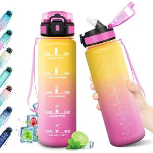 Gourde Sport 1L, Bouteille Réutilisable, Gourde avec Paille et Marqueur de Temps, Gourde sans BPA, Bouteille Sport Étanche, Bouteille d&rsquo;eau pour Sport, Bureau, Fitness, Randonnée, Yoga, Camping(32oz-1000ml | Paille | Jaune + Rose)