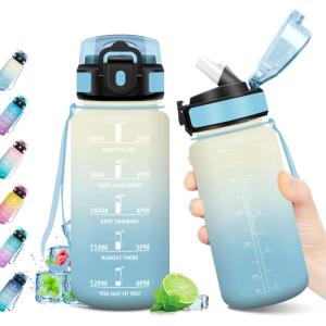 Gourde Sport 1L, Bouteille Réutilisable, Gourde avec Paille et Marqueur de Temps, Gourde sans BPA, Bouteille Sport Étanche, Bouteille d&rsquo;eau pour Sport, Bureau, Fitness, Randonnée, Yoga, Camping(17oz-500ml | Paille | Blanc + Bleu Clair)