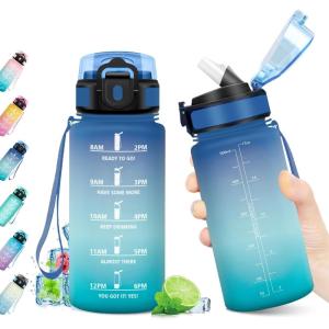 Gourde Sport 1L, Bouteille Réutilisable, Gourde avec Paille et Marqueur de Temps, Gourde sans BPA, Bouteille Sport Étanche, Bouteille d&rsquo;eau pour Sport, Bureau, Fitness, Randonnée, Yoga, Camping(17oz-500ml | Paille | Bleu + Vert)