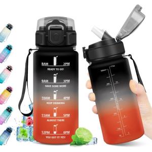 Gourde Sport 1L, Bouteille Réutilisable, Gourde avec Paille et Marqueur de Temps, Gourde sans BPA, Bouteille Sport Étanche, Bouteille d&rsquo;eau pour Sport, Bureau, Fitness, Randonnée, Yoga, Camping(17oz-500ml | Paille | Noir + Rouge)