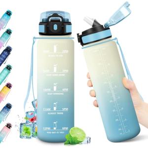 Gourde Sport 1L, Bouteille Réutilisable, Gourde avec Paille et Marqueur de Temps, Gourde sans BPA, Bouteille Sport Étanche, Bouteille d&rsquo;eau pour Sport, Bureau, Fitness, Randonnée, Yoga, Camping(32oz-1000ml | Paille | Blanc + Bleu Clair)